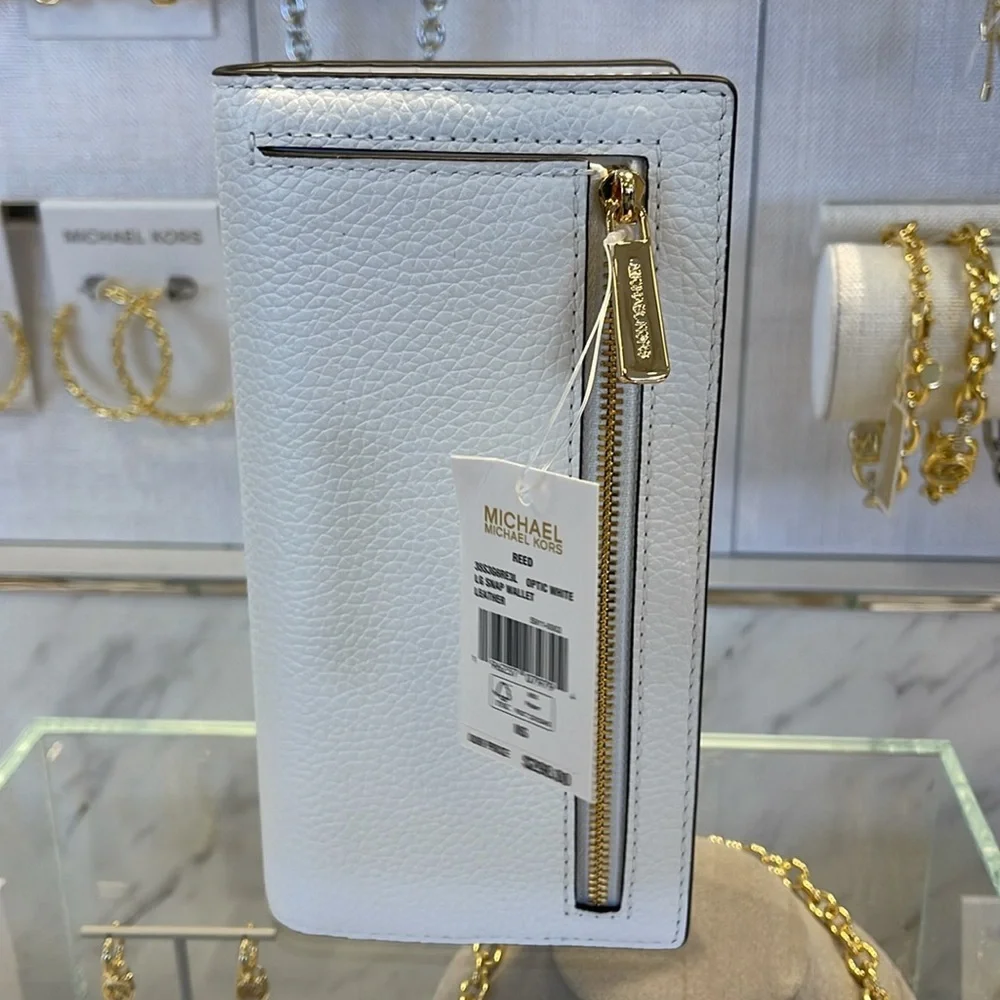 Michael Kors Reed Lg Bifold Pebbled Leather Snap Wallet Card Case Optic White